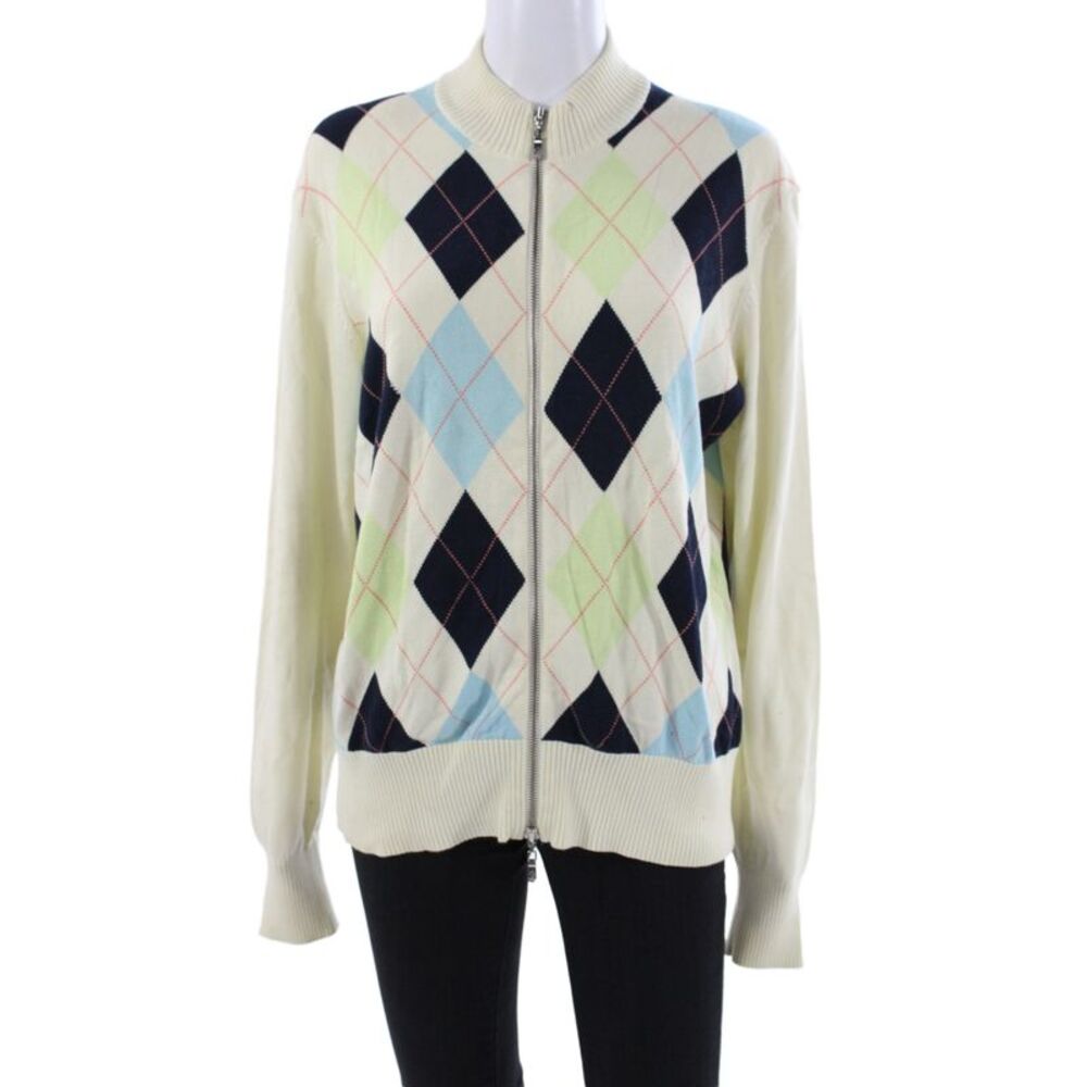 Bobby Jones Women Argyle Cotton Mock Neck Cardigan Blue Long Sleeve Size XL